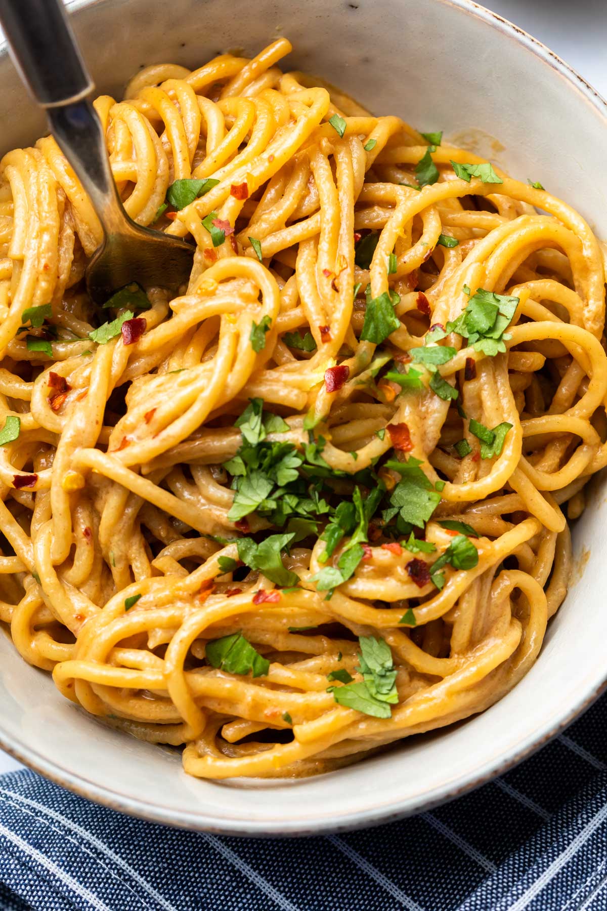 close up of peanut noodles in a bowl garnished with fresh cilantro