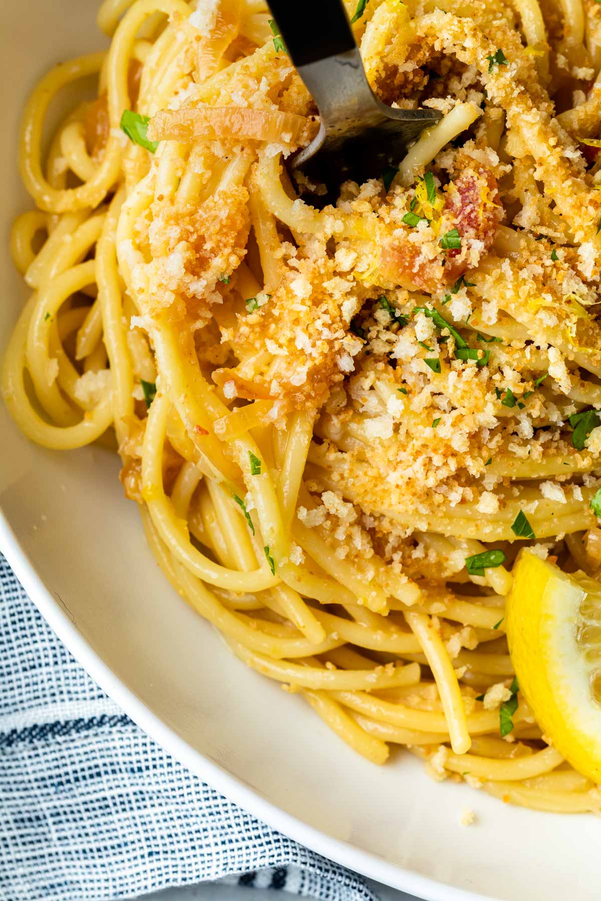 Close up of caramelized shallot pasta. 