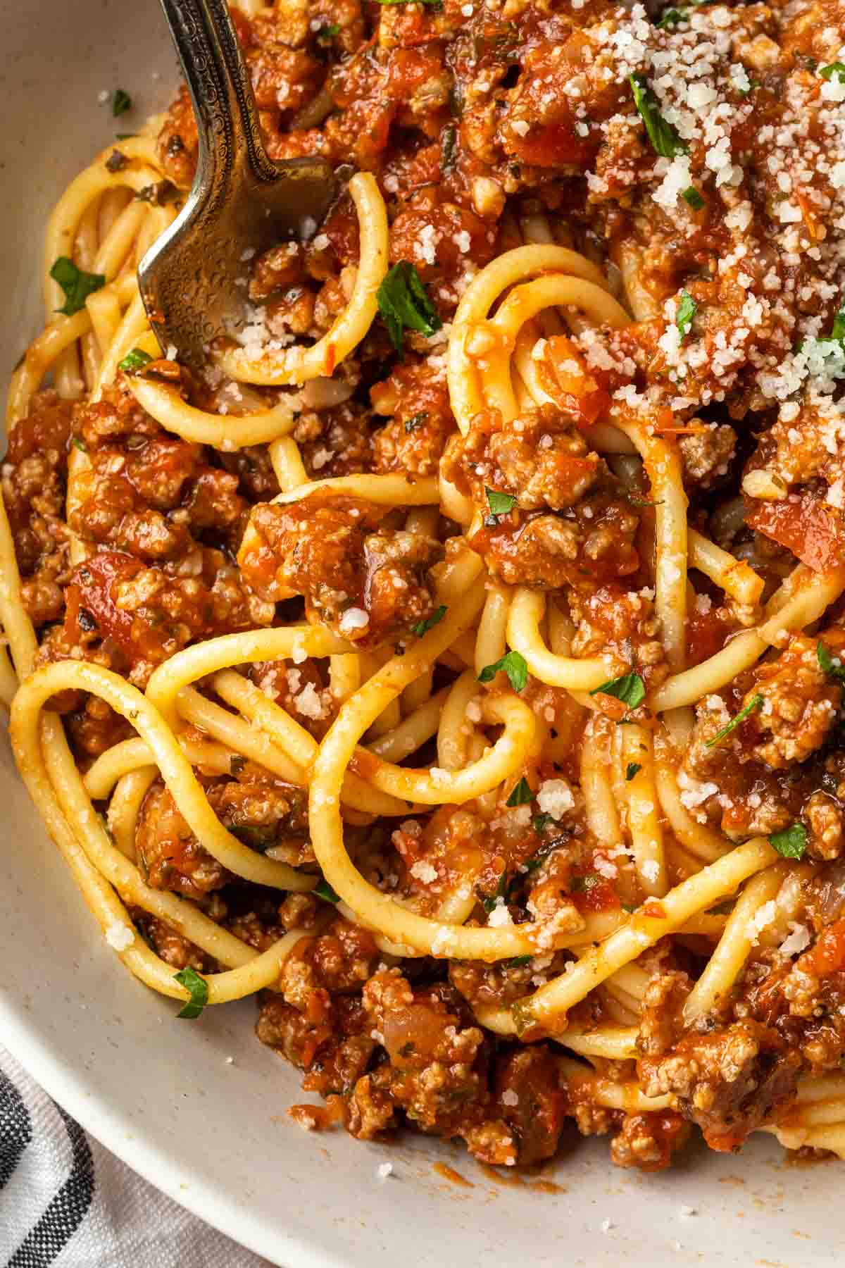 Close up of spaghetti showing the thick meat sauce swirled through the pasta. 