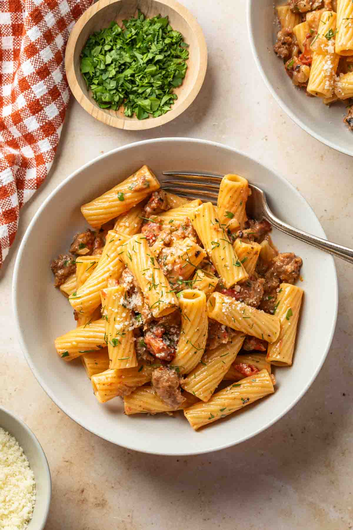 A bowl of fennel sausage pasta made with rigatoni. 