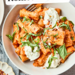 A bowl of rigatoni pasta topped with creamy Romesco sauce, dollops of cheese, fresh basil, and sprinkled with grated cheese. Text on the image reads Romesco Pasta and the Pasta Twins.